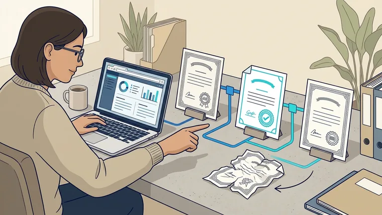 Illustration of an engineer checking a certificate chain and replacing an invalid certificate.