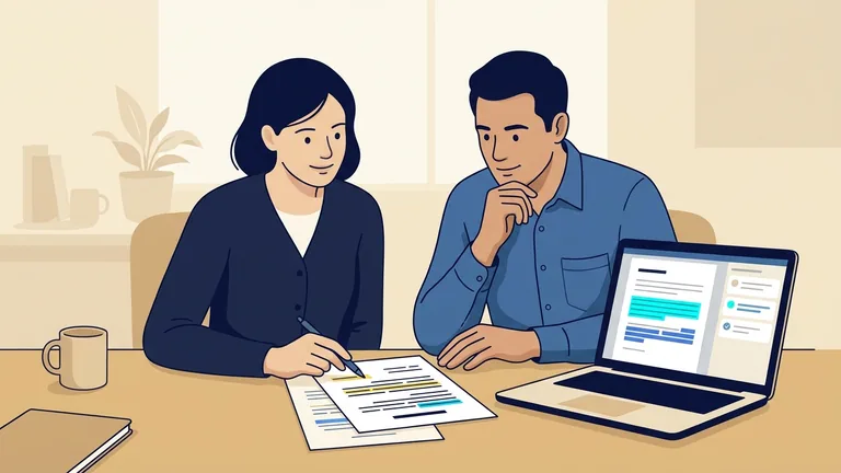 Illustration of colleagues reviewing a contract alongside software suggestions.