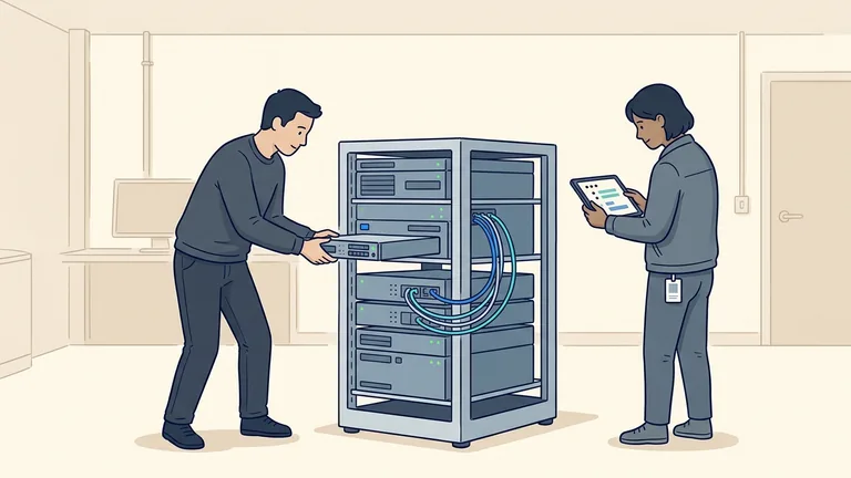 Abbildung: Ein Techniker tauscht ein Proxy-Server-Modul aus, während ein anderer die Verbindungen auf einem Tablet überprüft.