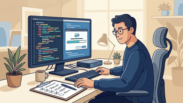 Illustration of an engineer updating an application server and checking the running system.