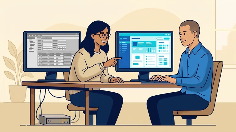 Illustration of engineers improving an older business application into a modern interface.