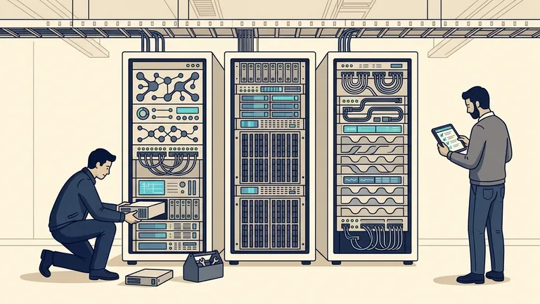 Illustration of engineers updating three application server racks and checking a deployment checklist on a tablet.
