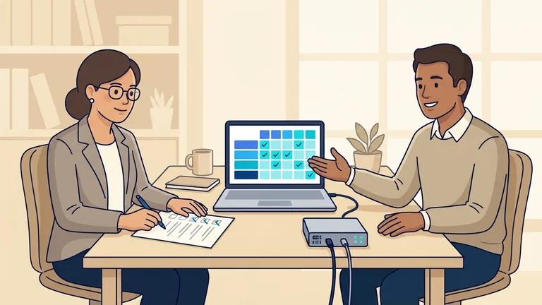 Illustration of an auditor and engineer checking system permissions and a review checklist.